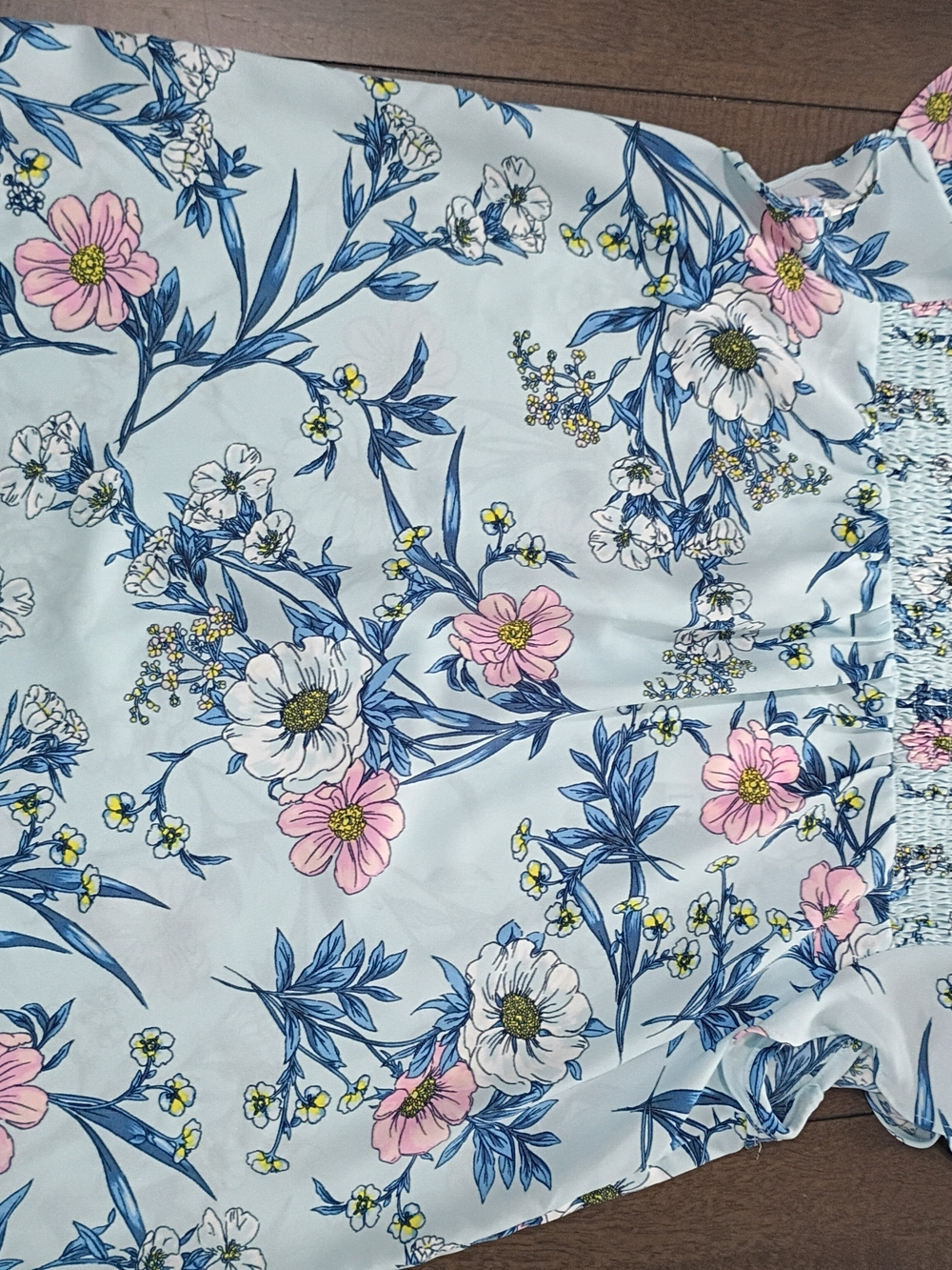 41 Hawthorn Light Blue Floral Smocked Tank with Pink & White Blooms